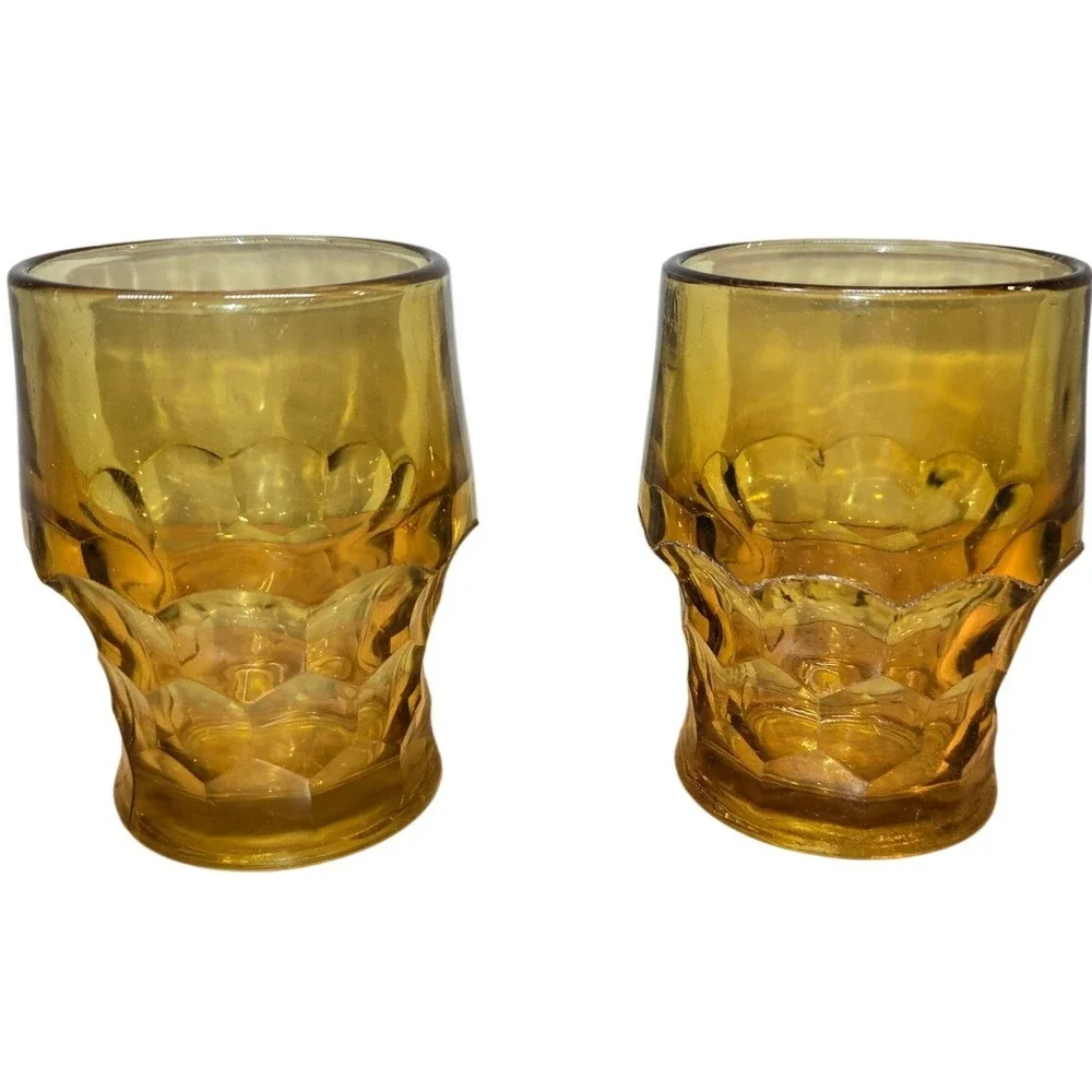 2 Juice Glasses Amber Color 8‎ OZ Honeycomb Thumbprint 4